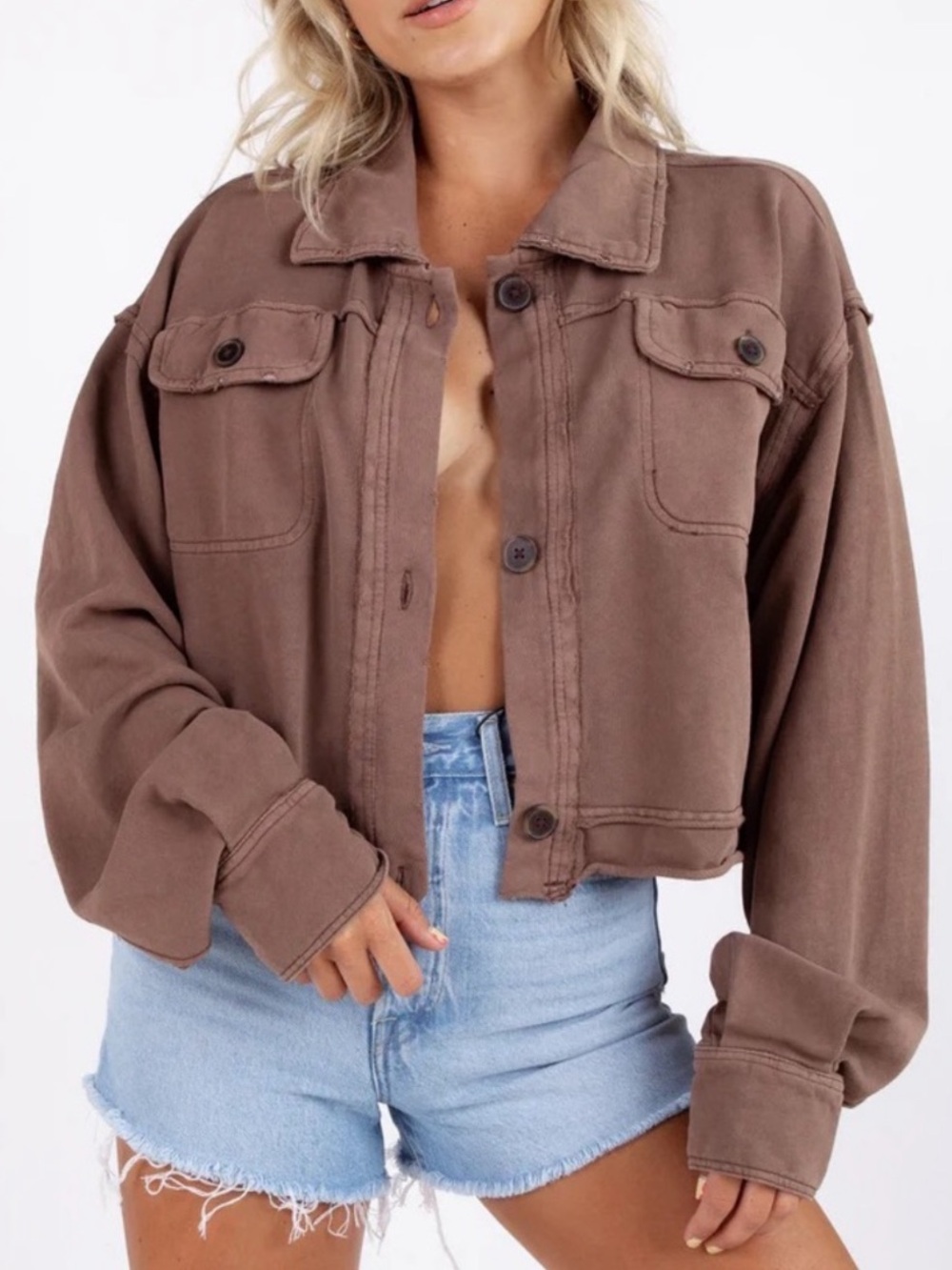 Free People We The Free 100% Cotton Saturday Crop Shirt Jacket Shacket Brown S